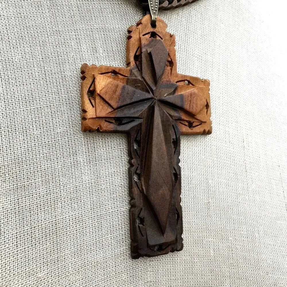 Vintage wood carved cross pendant necklace on copper chain